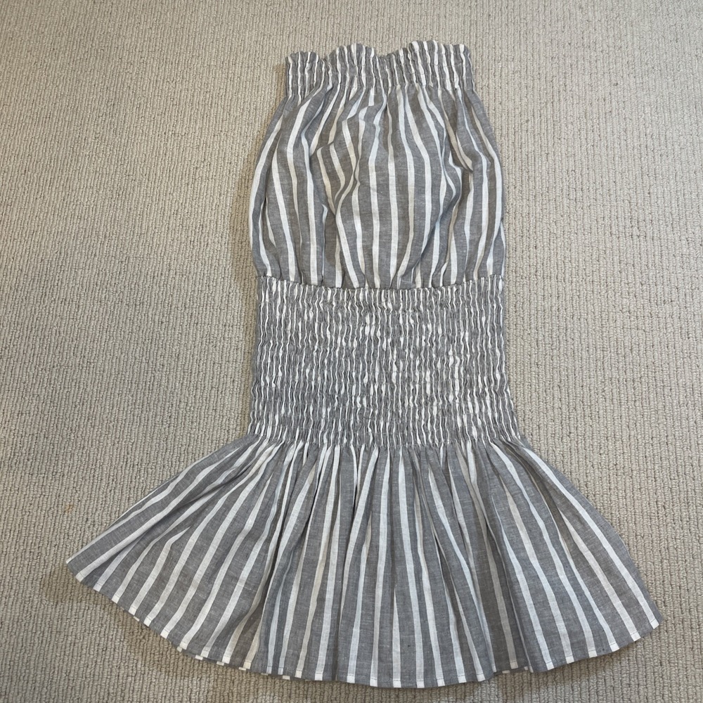 Blue Life XS Good Karma Mini Strapless Smocked Dress Striped Gray Cotton Linen